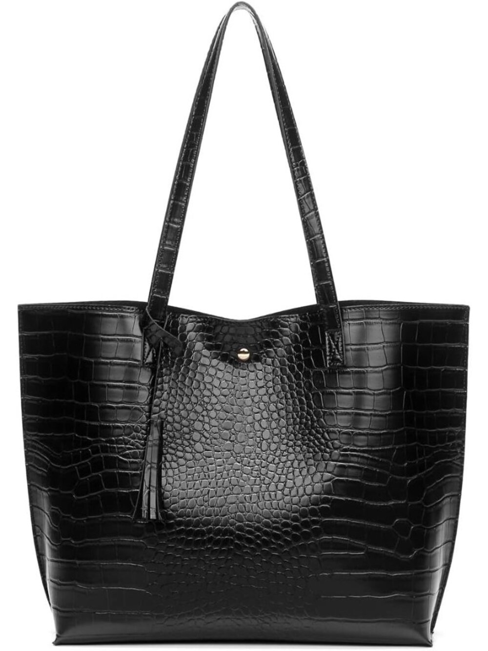 Women’s Black-Cro Soft Faux Leather Tote Bag Tassel Large Shoulder Purse